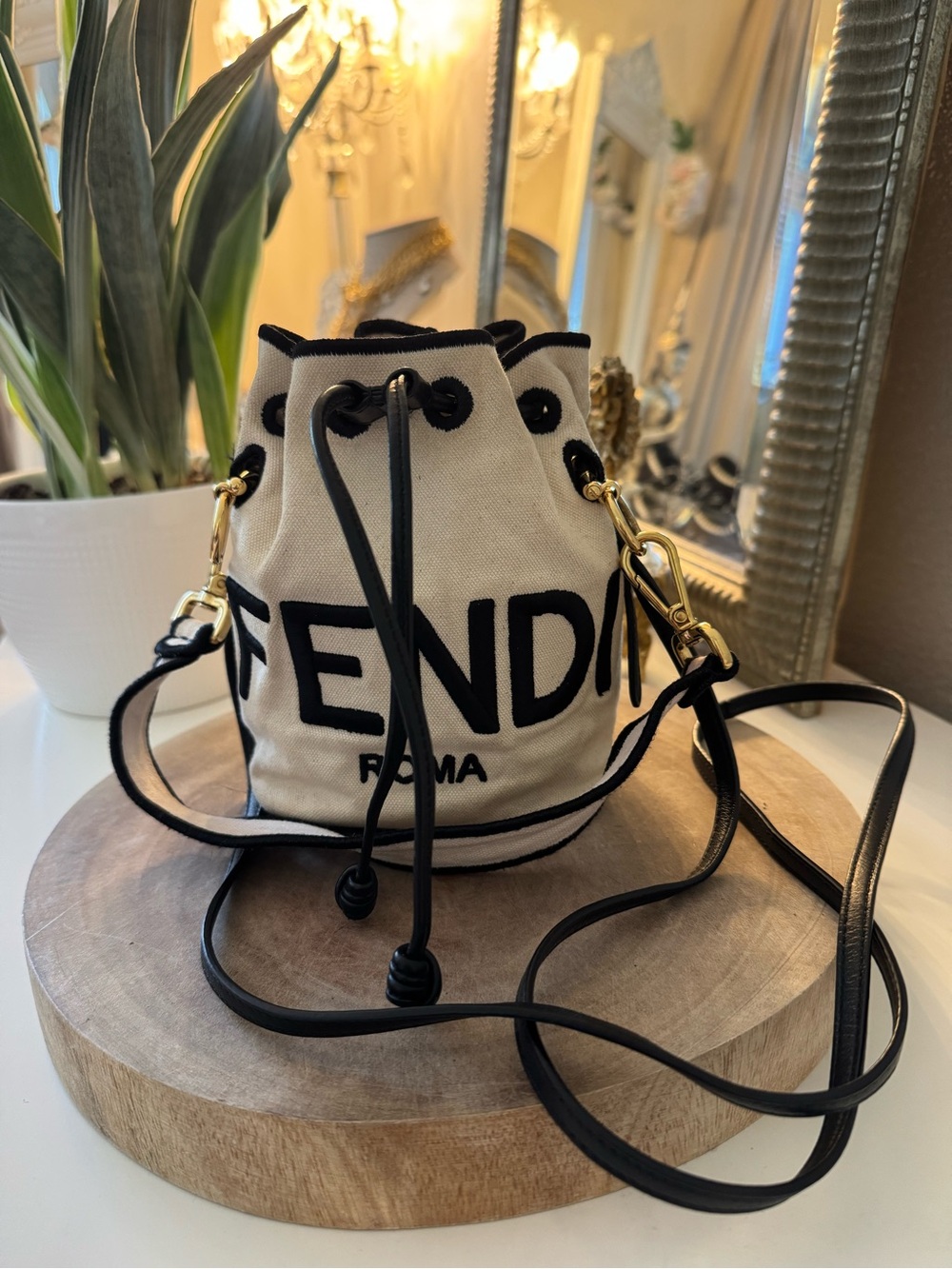 Fendi Beige Canvas Mini Bucket Bag with Black Logo & Trim